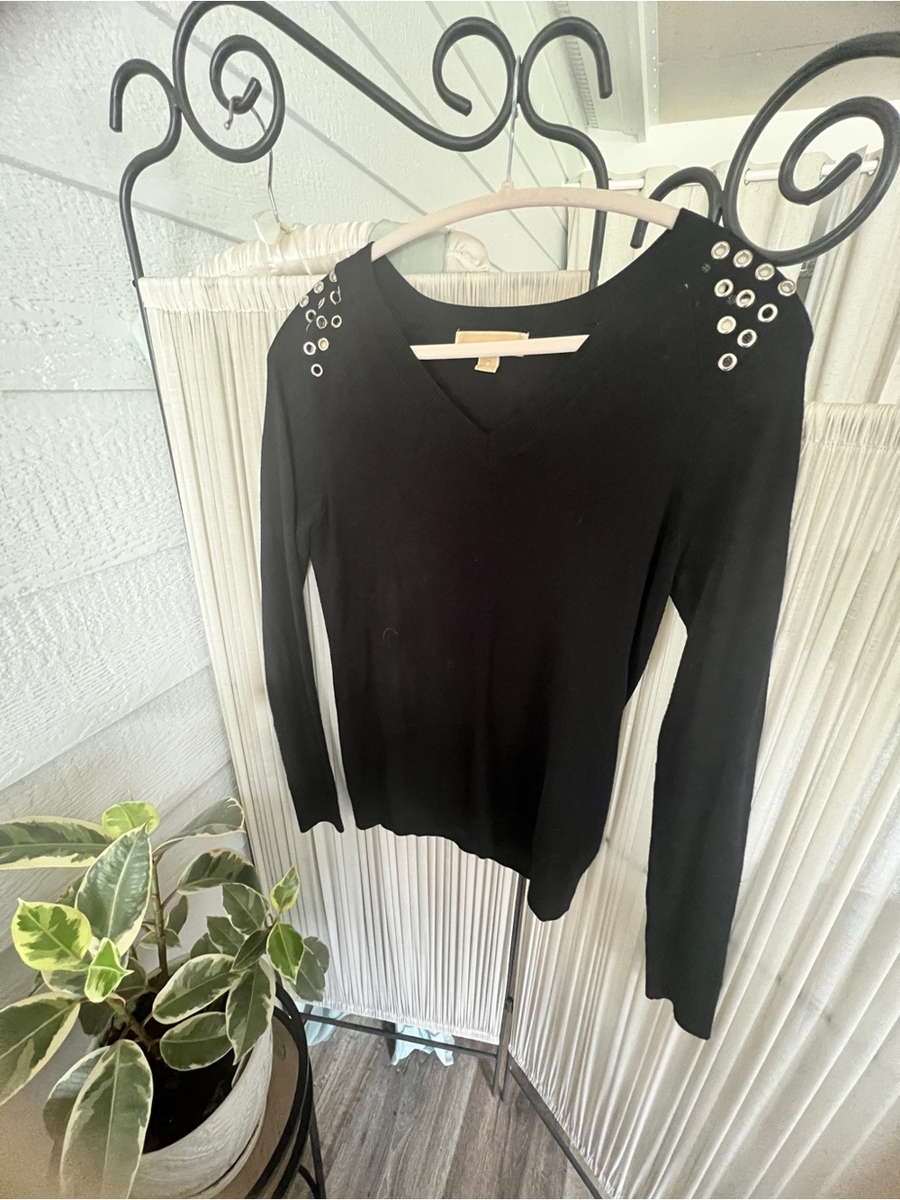 Michael Kors Black V-Neck Sweater with Shoulder Grommet Detail